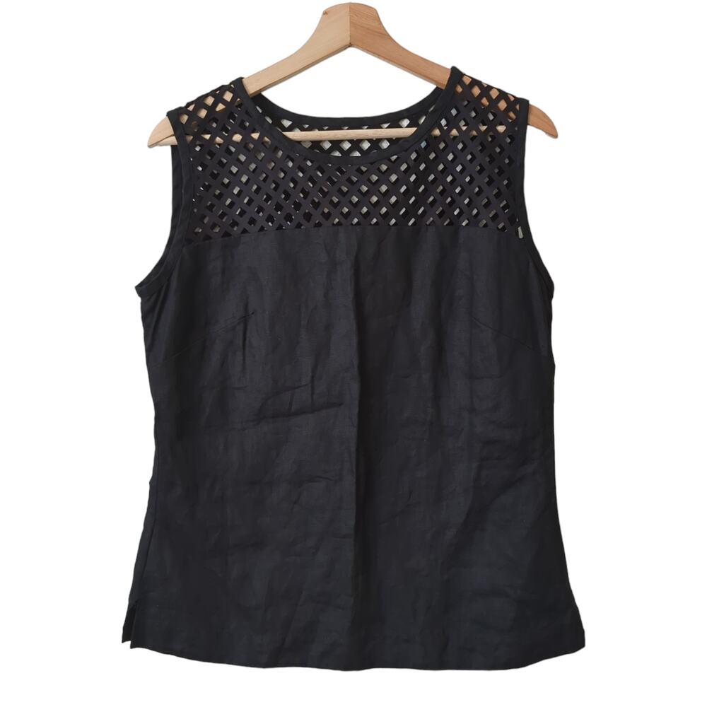 Salma By‎ Rodo Womens Cut Out Sleeveless Black Top Size Medium Linen Blouse